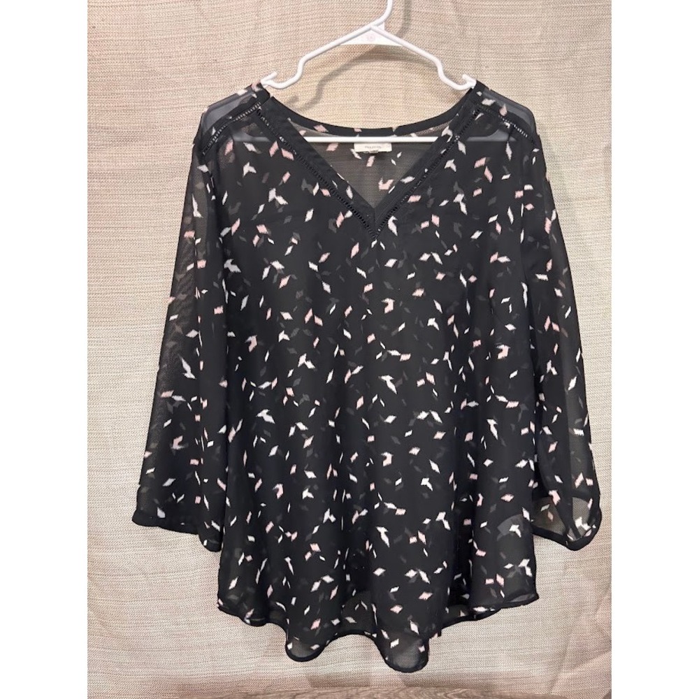Maurices Womens Plus Size 1 Black Pink Abstract Print Sheer VNeck Chiffon Blouse